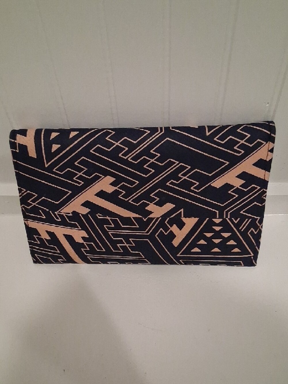 Hand Crafted Navy Blue and Peach Geometric Envelope Clutch